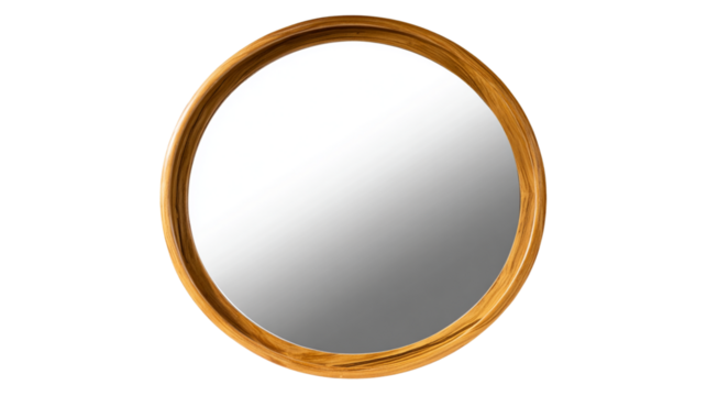  Elegant round wall mirror with wooden frame, transparent background