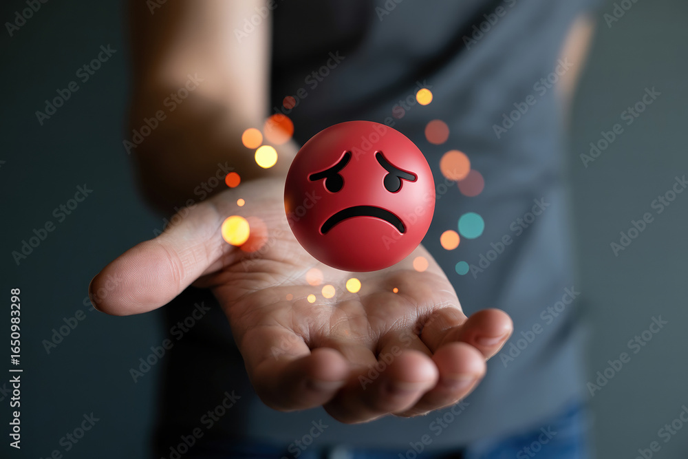 Poster dealing with low feedback a red sad emoji surrounded by bokeh lights symbolizes negative sentiment a