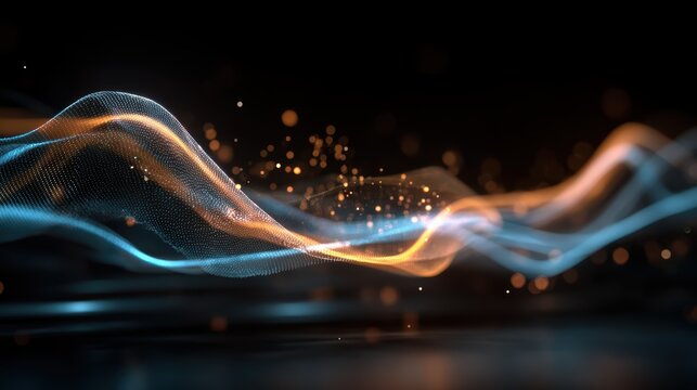 Abstract digital particle wave background with glowing dots and light streaks for technology concepts and modern design applications