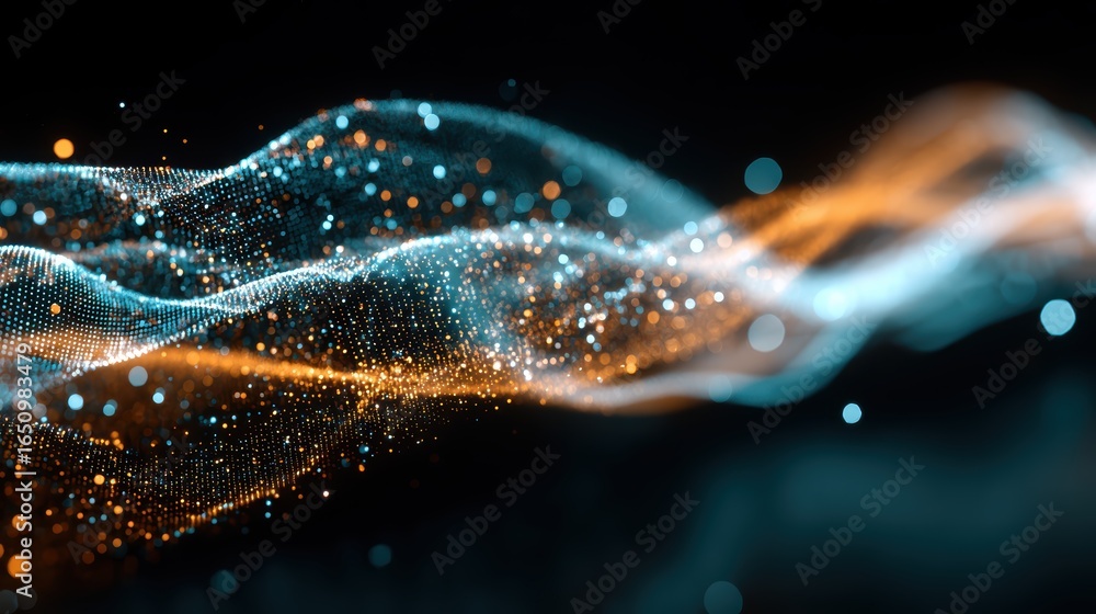 Poster abstract data stream of particles in motion on dark background