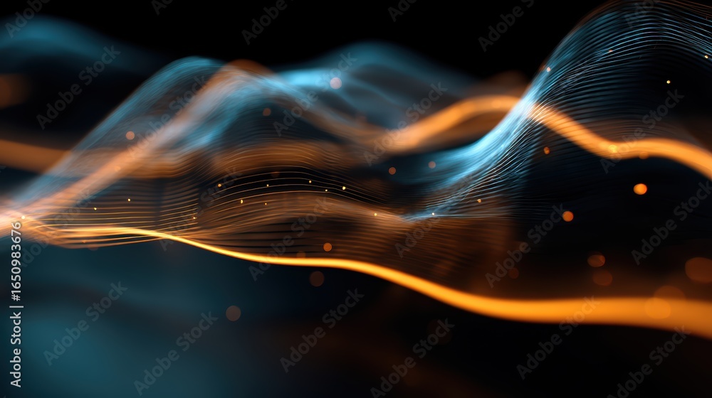 Aufkleber abstract waveform background with glowing lines and particles in gold and blue light science futuris