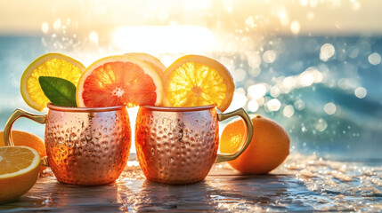 Citrus spritzes in hammered copper mugs with coastal sunset