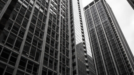 Fototapeta premium Modern skyscrapers create striking urban landscape, showcasing sleek glass and steel architecture in monochrome setting