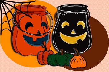 halloween lantern jars with pumpkin faces and colorful gourds