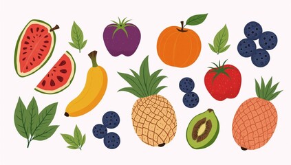 A trendy modern illustration showcases a healthy eating scene with various fresh fruits vegetables and berries on a white background in hand-drawn flat design