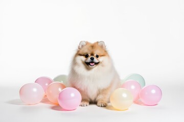 A happy Pomeranian dog with pastel balloons