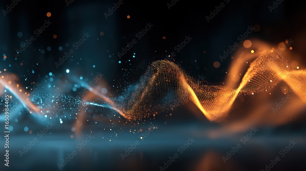 Aufkleber abstract digital particle waveform visualization with glowing blue and orange light effects for tech