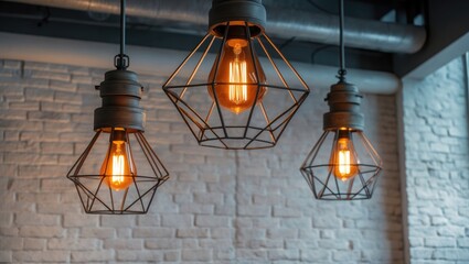 Three industrial-style pendant lights with exposed filament bulbs hanging against a white brick wall.