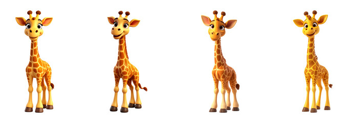 A group of four cheerful cartoon giraffes with different poses, isolated on transparent background.