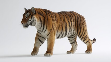 Striking tiger walking forward against a clean white background, showing stripes