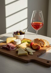 A delightful charcuterie board featuring an assortment of cheeses, cured meats, olives, fruits, and a glass of ros&eacute; wine, perfect for sharing and celebrating special moments