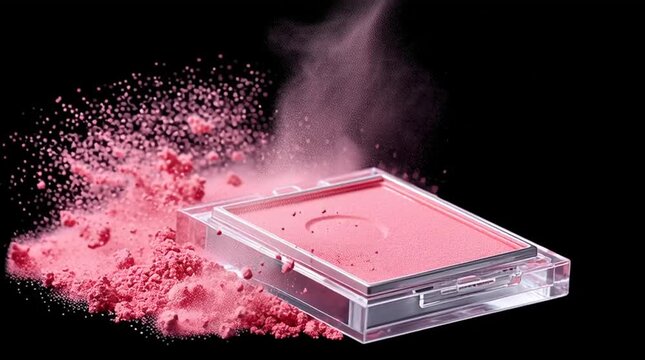 Pink powder blush with makeup brush creating soft cloud of cosmetic pigment and vibrant pink beauty powder for flawless makeup application