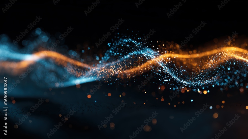 Poster abstract particle stream background in blue and gold glowing wave effect with dark backdrop modern g