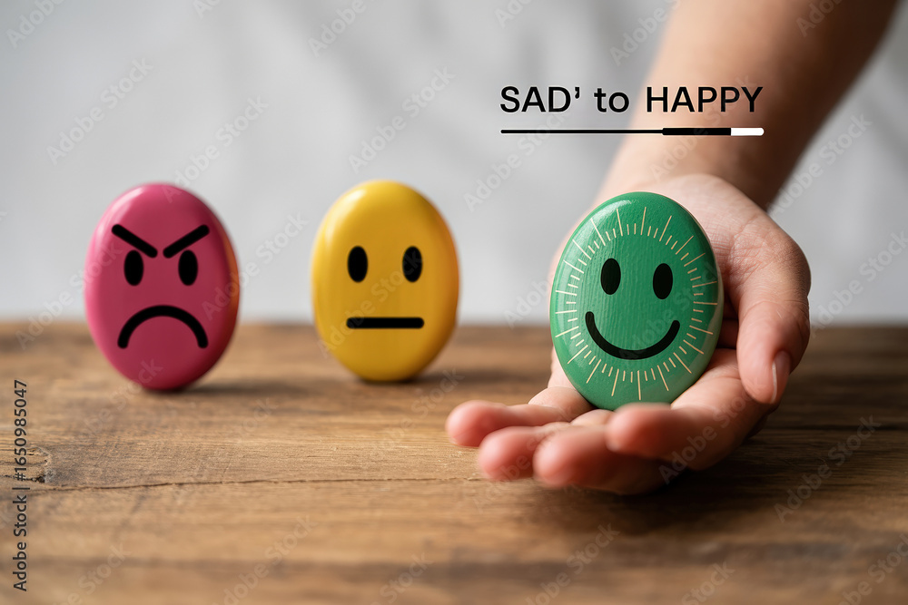 Poster emotional spectrum analysis hand adjusting slider from sad to happy representing low feedback improv