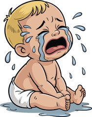 Crying baby cartoon, sad infant character, toddler upset crying, emotional baby tears, diapered child, upset kid, loud crying infant, vector illustration