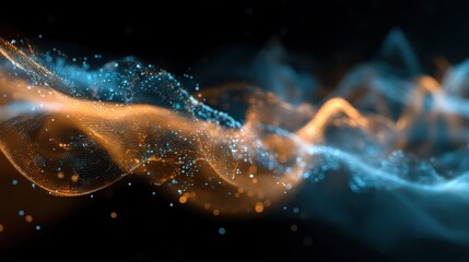 Abstract wavy particle stream flowing with orange and blue glowing dots on black background generative ai visualization for science and technology