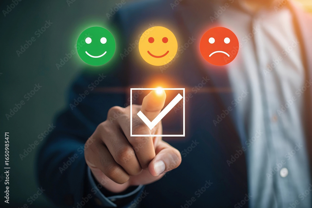 Poster evaluating customer experience with low feedback check mark and emotion icons for service improvemen