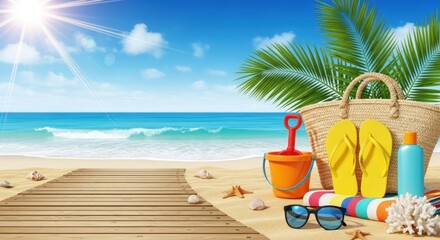 Sunny Beach Escape: Boardwalk, Turquoise Sea, and Summer Essentials Still Life