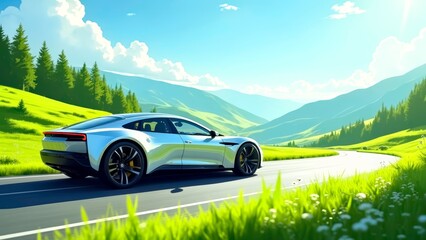 Fototapeta premium The white sedan on the mountain road