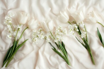 A beautiful arrangement of white tulips and delicate flowers on soft fabric.