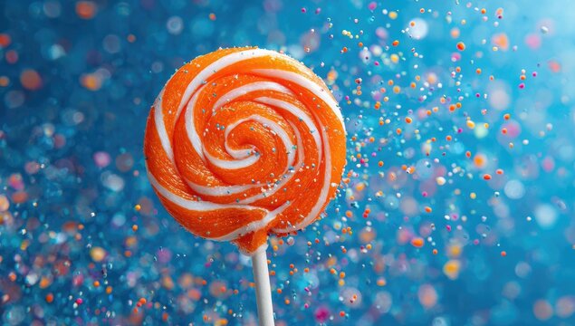 Orange and white swirl lollipop in motion, surrounded by colorful sprinkles on a blue background
