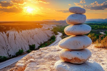 A serene view of stacked stones against a vibrant sunset over a canyon landscape.