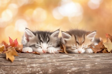 Two adorable kittens sleeping peacefully on a wooden surface surrounded by autumn leaves.