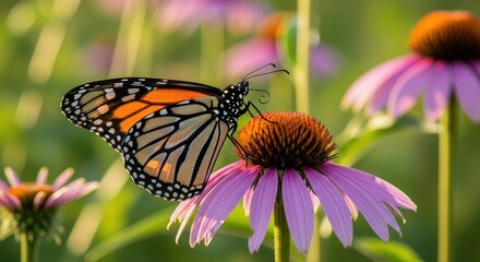 Obraz premium Monarch Butterfly's Delicate Embrace A Peaceful Moment Amidst Purple Wildflowers