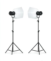 Two studio lights with softboxes, on stands, isolated on white