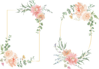 Set of watercolor frames with eucalyptus leaves and lavender flowers, golden lines. Hand-painted floral illustrations. For wedding invitations, save the date cards, greeting cards. Vector EPS.