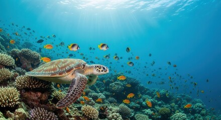 Fototapeta premium Sea Turtle Gracefully Navigating Vibrant Coral Reef