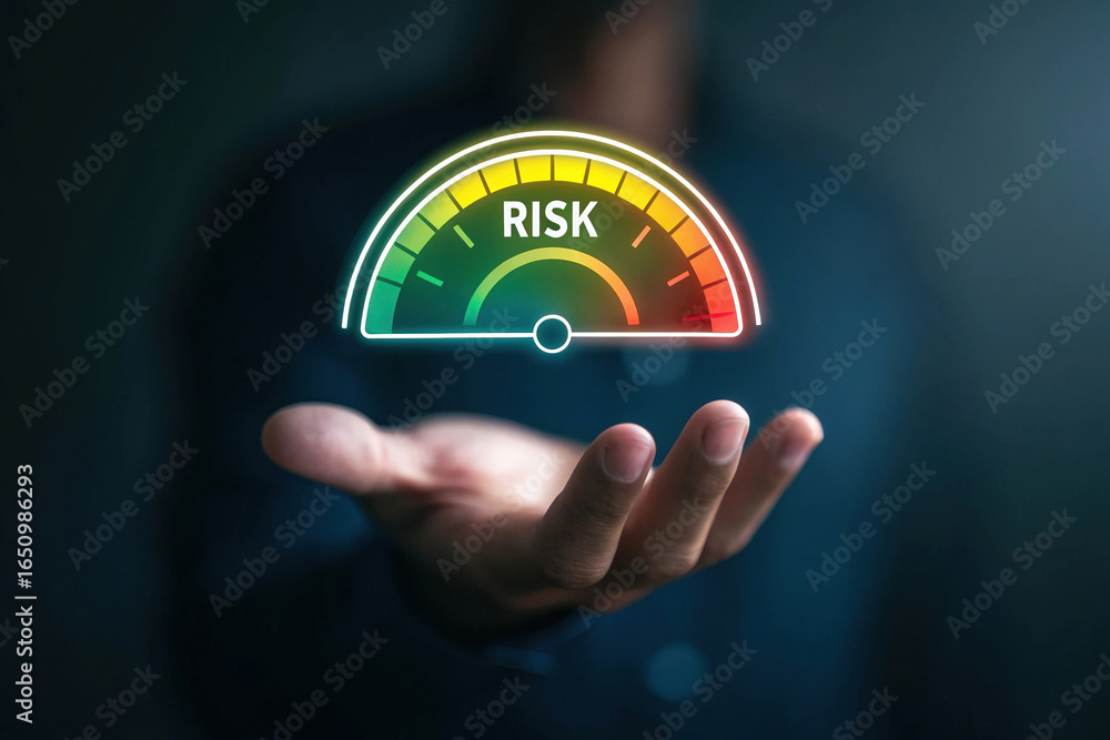 Poster evaluating risk factors with gauge displaying low feedback and potential dangers for strategic decis
