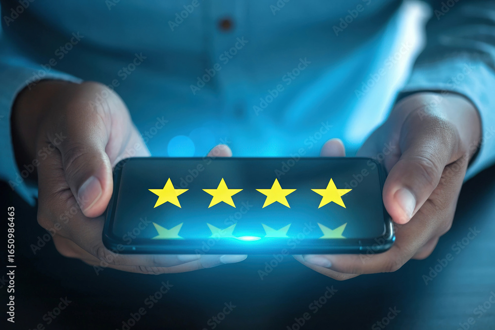 Poster evaluating service quality four star rating displayed on mobile phone reflecting good customer satis