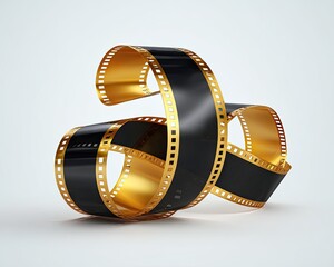 Golden film reel coiled on white background