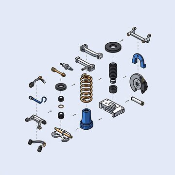 Exploded View of Car Suspension System with Springs Shocks and Various Components Representing Automotive Engineering