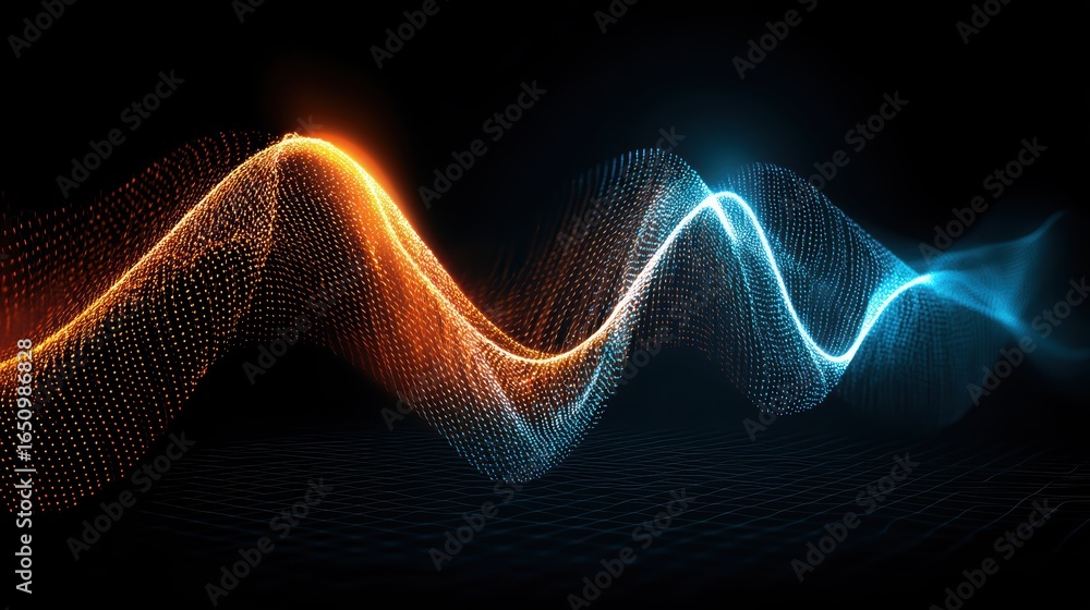 Poster abstract wavy particle mesh with orange and blue lights on dark background