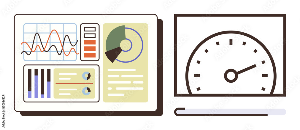 Poster analytical dashboard featuring line graphs, bar graphs, pie chart, and circular speedometer for perf