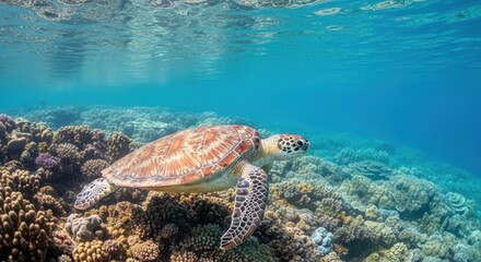 Obraz premium Graceful Sea Turtle in Vibrant Coral Reef