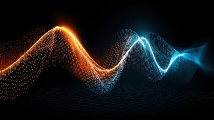 Abstract wavy particle mesh with orange and blue lights on dark background