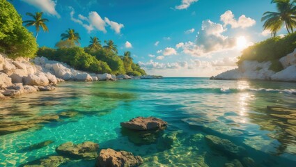 Obraz premium Tropical beach scene with clear turquoise water, palm trees, and rocky shoreline under a bright sun and blue sky.