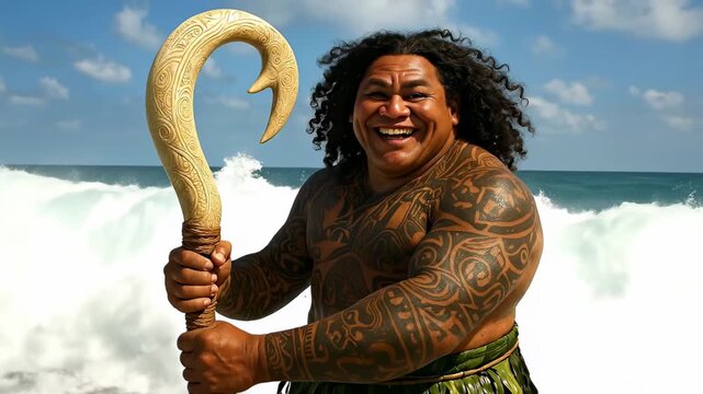 Maui Powerful Polynesian Demigod Holding His Magical Fishhook Symbolizing Strength, Adventure, and Ocean Mastery