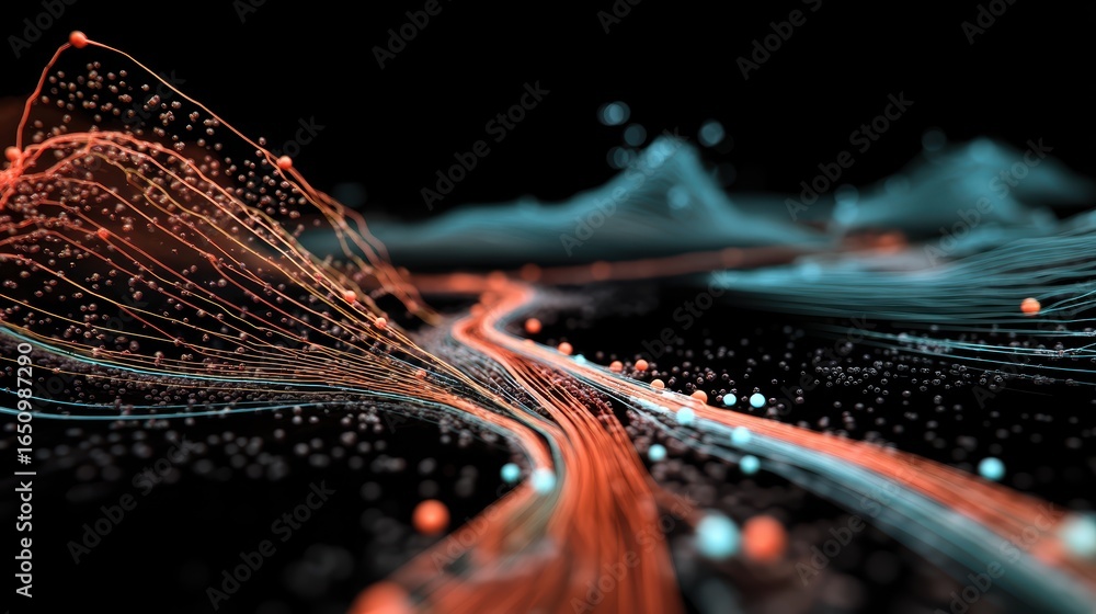 Aufkleber abstract network data flow visualization with orange and blue lines and spheres depicting digital co
