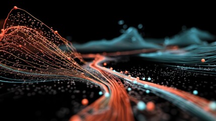 Abstract network data flow visualization with orange and blue lines and spheres depicting digital connectivity and information technology on black background