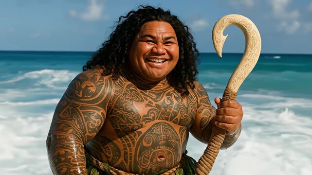 Maui Powerful Polynesian Demigod Holding His Magical Fishhook Symbolizing Strength, Adventure, and Ocean Mastery