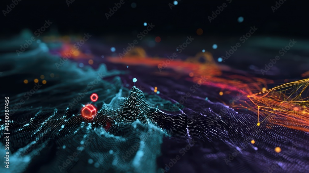 Poster abstract technological landscape with glowing particles and geometric shapes representing digital ne