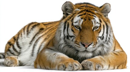Fototapeta premium Majestic tiger relaxes, its orange and black stripes vibrant against a white backdrop