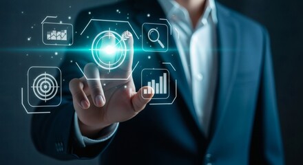 Businessman interacting with futuristic digital interface displaying business analytics and goals