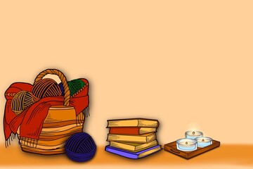 cozy still life with yarn basket, books and candles on warm background