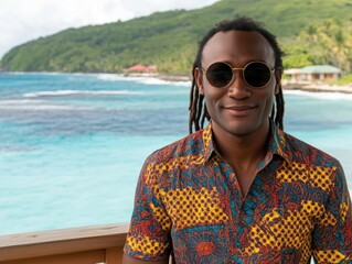 A young man wearing sunglasses and a colorful shirt, smiling against a tropical ocean backdrop.