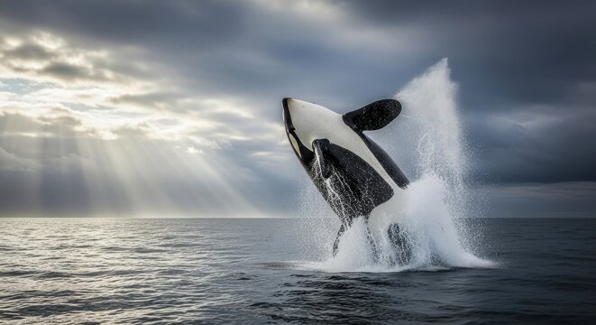 Orca breaches from ocean water, displaying powerful agility against stormy skies with sun rays